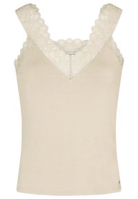 Beige tank top med scalloped blondekant ved halsudskæringen og skuldrene, lavet af et blødt og strækbart stof. V-formet halsudskæring.