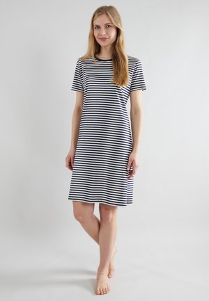 Gestreepte jurk met korte mouwen, gemaakt van zacht materiaal. Heeft marineblauwe en witte horizontale strepen en een ronde halslijn. Tot op de knie.