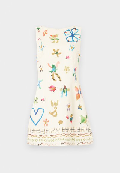 Αμάνικο κρεμ φόρεμα με πολύχρωμα αφηρημένα ανθικά και καρδιές μοτίβα, διακοσμημένο με κυματιστό διακοσμητικό περίγραμμα κοντά στο τελείωμα.