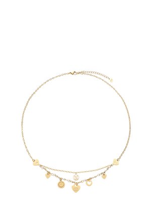 Delicata collana a catena d'oro con piccoli charms a forma di cuore, perle e pendenti circolari distribuiti uniformemente lungo la catena inferiore.