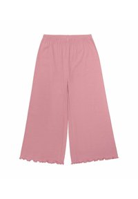 Rosa weit geschnittene Hose mit elastischem Bund und gewelltem Saum. Hergestellt aus einem weichen Stoff mit glatter Textur.