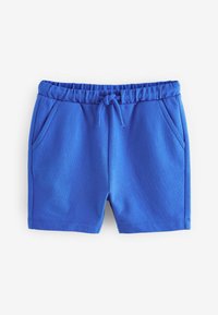 Shorts en coton bleu avec une taille élastique, un cordon de serrage ajustable et deux poches latérales. Texture lisse et design simple.