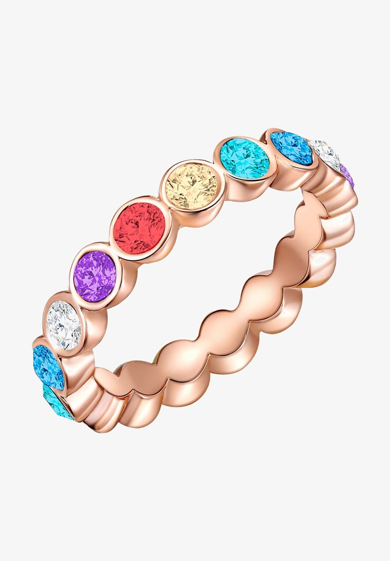 Rózsaarany gyűrű hullámos mintával, amelyet színes kerek kristályok díszítenek: piros, lila, sárga, kék és átlátszó.