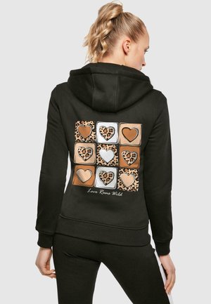 Black hoodie featuring a grid of heart designs in animal print and metallic shades. Includes a drawstring hood and ribbed cuffs.