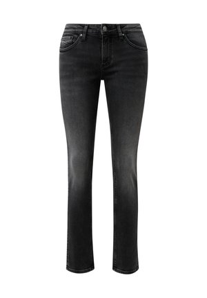 Strakke zwarte jeans met een vervaagde wassing, voorzien van vijf zakken, metalen knoopsluiting en contrasterende stiksels. Gladde denimtextuur.