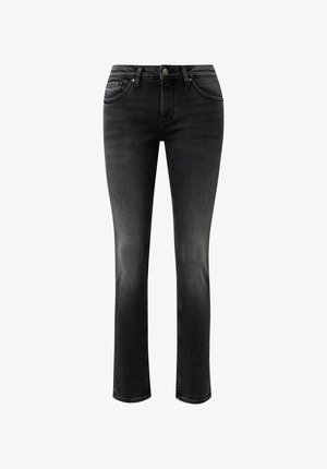 Jean noir slim-fit avec un lavage délavé, doté de cinq poches, d'une fermeture par bouton en métal et de coutures contrastées. Texture denim lisse.