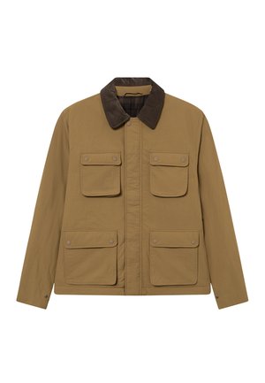 Brun bomullsjakke med kordfløyelskrage, to brystlommer og en glatt tekstur. Frontlukking med trykknapper og lange ermer.