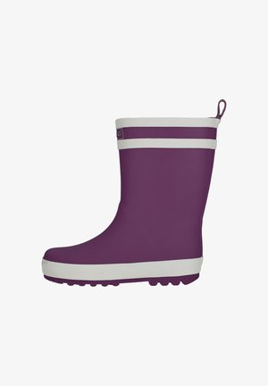 Paarse rubberen regenlaars met witte horizontale strepen aan de bovenkant, gestreepte witte zool en een lus aan de achterkant voor gemakkelijk aan- en uittrekken.