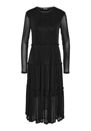 Robe midi noire à manches longues avec manches transparentes et jupe plissée à volants, présentant une texture subtilement pailletée sur toute la surface.