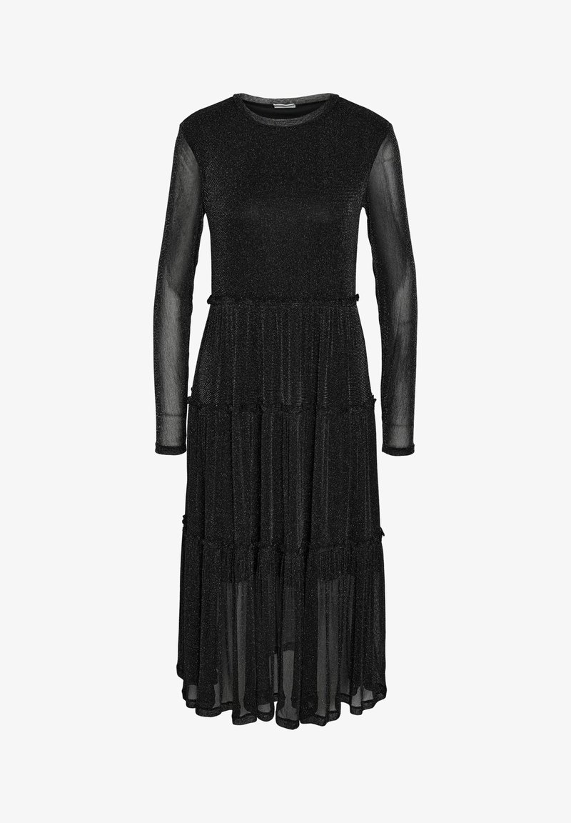 Robe midi noire à manches longues avec manches transparentes et jupe plissée à volants, présentant une texture subtilement pailletée sur toute la surface.