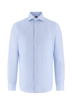 Chemise habillée pour homme manches longues de couleur bleu clair avec patte de boutonnage, col classique et poignets boutonnés, présentée sur un fond blanc.