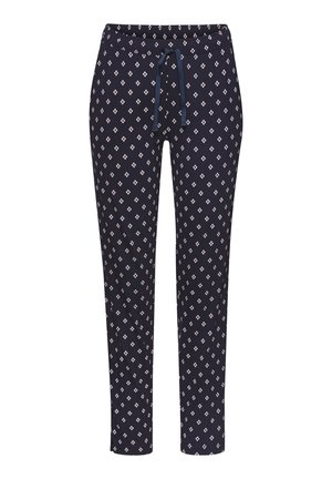 Pantalones navy hechos de una tela suave, con un patrón de diamantes en colores claros. Incluyen una cintura elástica con un cierre de cordón.