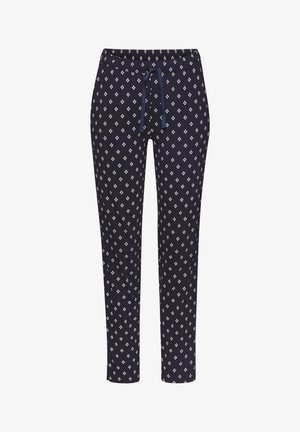 Tamno plave hlače izrađene od mekog materijala, s dijamantnim uzorkom u svijetlim bojama. Uključuje elastičnu struk s vezicom.