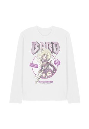 White long-sleeve shirt with a stylized female bard holding an electric guitar, text "BARD," "We Came to Party," and "Faerûn Tavern Tour."