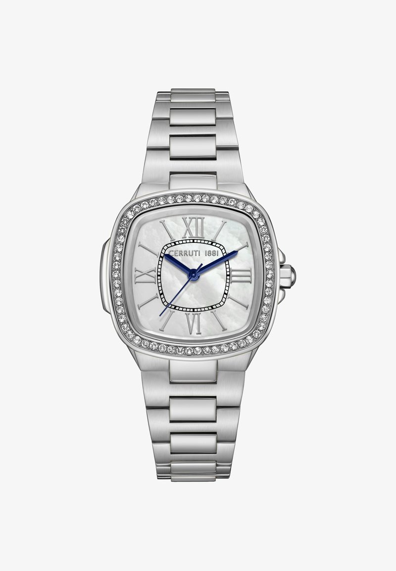 Aikštinis sidabrinis laikrodis su perlų tikslu, romėniškais skaičiais, mėlynomis rankenėlėmis ir krizeliniais akcentais ant bezelio. Metalinė apyrankė.