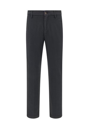 Slim-fit tmavě šedé kalhoty vyrobené z lehkého materiálu, s knoflíkovým zapínáním, poutky na opasek a rovnými nohavicemi bez vzorů.