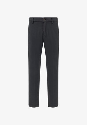 Pantaloni slim-fit grigio scuro realizzati in un tessuto leggero, con chiusura a bottoni, passanti per cintura e gambe dritta senza motivi.