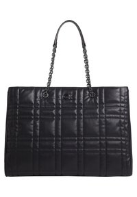 Black quilted tote bag with chain handles, made from smooth leather. Features a logo accent and padded square pattern on exterior.