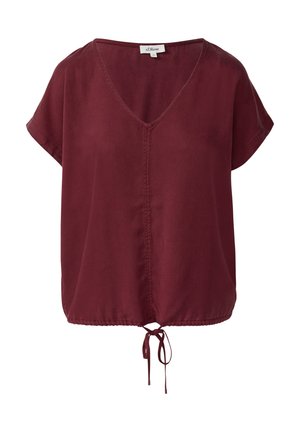 Bordowa bluzka z krótkim rękawem i dekoltem w kształcie litery V, z elastycznym dołem i gładkiego materiału. Lekka tekstura i swobodny krój.