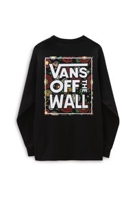 Maglietta nera a maniche lunghe con una grafica floreale colorata e il testo "VANS OFF THE WALL" ben in evidenza sul retro.