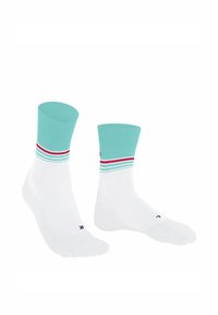 Białe skarpetki z turkusowym mankietem, z czerwonymi i turkusowymi paskami. Wykonane z miękkiego materiału, zaprojektowane dla komfortu i trwałości.