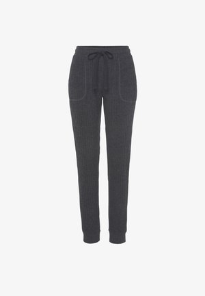 Donkergrijze geribbelde joggingbroek met zijzakken, elastische tailleband en verstelbare koord. Zachte textuur en taps toelopend ontwerp van de pijpen.