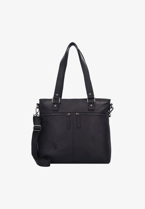 Bolso tote de piel negra con dos bolsillos frontales con cremallera, doble asa superior y correa de hombro ajustable. Textura lisa con un hardware mínimo.