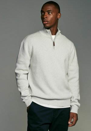Maglione grigio chiaro con colletto a mezza zip, polsini e orlo a costine. Il tessuto sembra morbido con una texture liscia. Indossato con pantaloni scuri.
