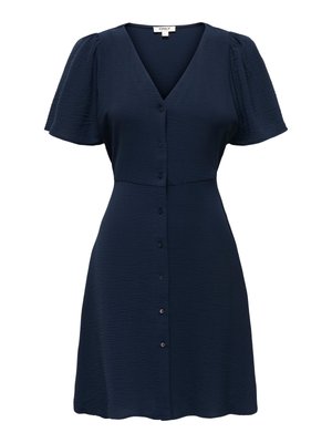 Rochie bleumarin cu mâneci scurte, decolteu în V, nasturi pe față, material ușor texturat și talie cambrată.