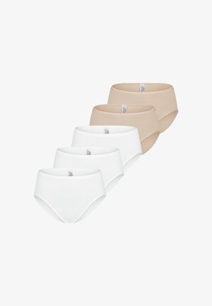 Cinq culottes taille haute pour femmes en deux couleurs, trois blanches et deux beiges, disposées en rangée décalée sur fond blanc.