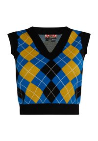 Pulover fără mâneci cu decolteu în V, având un model argyle în nuanțe de albastru, galben, negru și alb, cu un tiv nervurat negru.