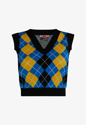 Pulover fără mâneci cu decolteu în V, având un model argyle în nuanțe de albastru, galben, negru și alb, cu un tiv nervurat negru.