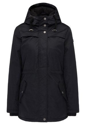 Manteau d'hiver noir à capuche avec fermeture avant à boutons et fermeture éclair, cordons ajustables à la capuche, et poches à rabat avec boutons-pression.