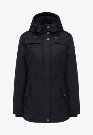 Manteau d'hiver noir à capuche avec fermeture avant à boutons et fermeture éclair, cordons ajustables à la capuche, et poches à rabat avec boutons-pression.