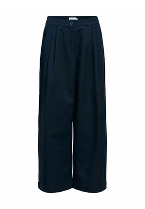 Marineblaue weit geschnittene, verkürzte Hose mit Knopfverschluss, Falten vorne und elastischem Bund hinten.