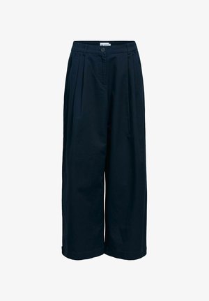 Marineblaue weit geschnittene, verkürzte Hose mit Knopfverschluss, Falten vorne und elastischem Bund hinten.