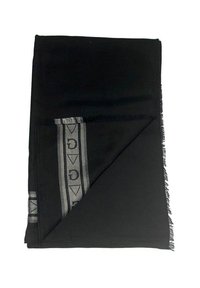 Zwarte sjaal gemaakt van zachte stof, met een grijze gemusterde band met logoaccenten langs één rand en franjes aan de randen.