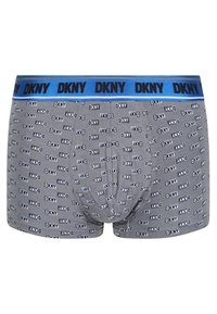 Boxer in grigio con un motivo ripetuto del logo DKNY in nero. Vita elasticizzata con dettagli blu. Tessuto morbido, design aderente.
