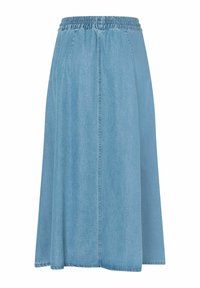 Leren denim rok in lichtblauw, met een elastische tailleband, A-lijnvorm, midden onder de kuit en een zachte textuur met een middennaad detail.