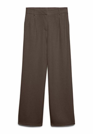 Brune bukser med vide ben med plisseringer, linning med bæltestropper og skjult frontlukning.