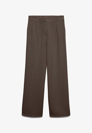 Pantalon marron à jambes larges avec plis, taille avec passants pour ceinture et fermeture avant dissimulée.
