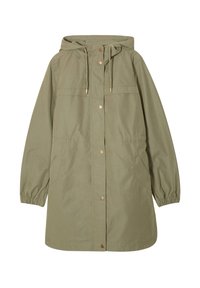 Veste à capuche vert olive en tissu léger, avec des poignets élastiques, des boutons-pression et deux poches latérales pour plus de commodité.