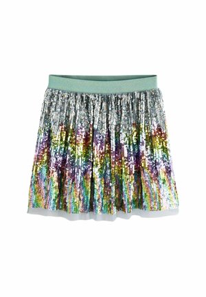 Paillettenrock mit einem mintgrünen elastischen Bund, der mehrfarbige Pailletten in einem Ombre-Muster von Silber über Lila, Grün bis Gold zeigt.