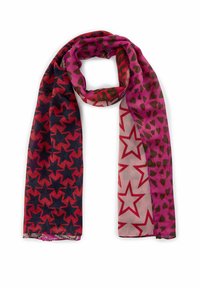 Écharpe avec des motifs alternés d'étoiles rouges sur un fond sombre et de coeurs roses, fabriquée en tissu léger avec une texture douce.