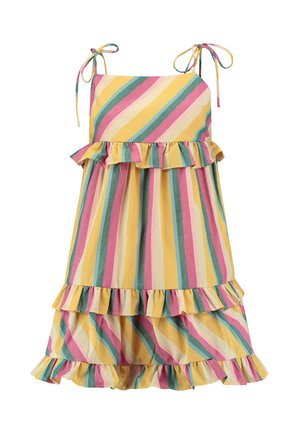 Vestido de tirantes a rayas con dobladillo volado, con rayas verticales en amarillo, rosa y turquesa. Hecho de una tela ligera, con tirantes ajustables.