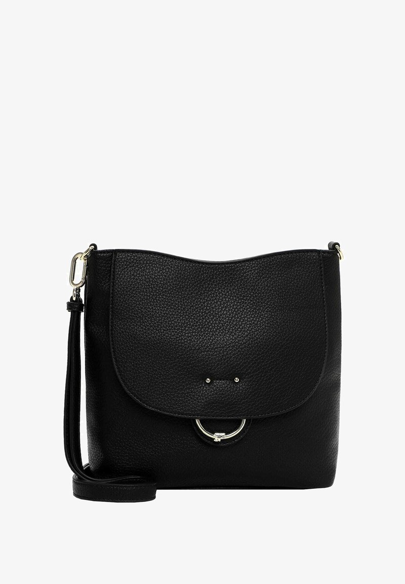 Borsa a tracolla nera in pelle con chiusura a pattina e dettaglio in cerchio argentato, dotata di tracolla regolabile.