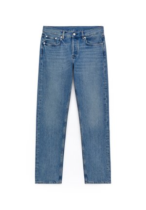 Lichtblauwe denim jeans met een rechte pijp, vijf zakken, subtiele vervaging en zilveren hardware. Gestikt detail bij de naden.