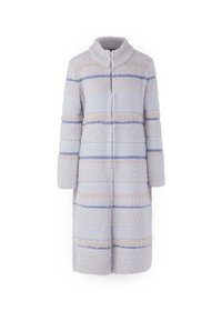 Long coat made of soft, textured fabric in light gray with horizontal stripes in muted pastel colors. Features a high collar and full-length sleeves.