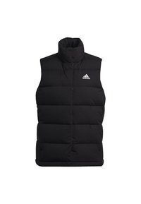 Zwarte puffer vest met hoge kraag, quilten patroon en een wit Adidas-logo aan de linkerkant. Geen mouwen of sluitingen zichtbaar.