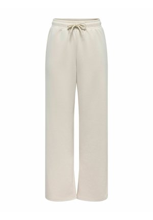 Pantalon de survêtement beige à coupe droite avec taille élastique et cordon, en tissu doux pour un usage décontracté.